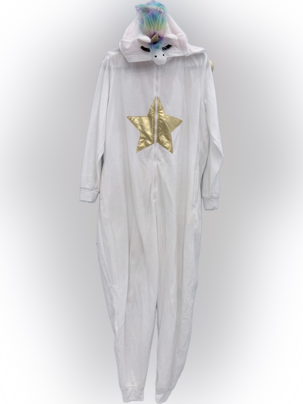 White Unicorn Hooded One Piece Pajama Costume Adult XL/XXL Wings Tail